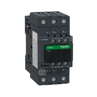 LC1D40ABD IEC contactor, TeSys Deca, nonreversing, 40A, 30HP at 480VAC, up to 100kA SCCR, 3 phase, 3 NO, 24VDC coil, open style
