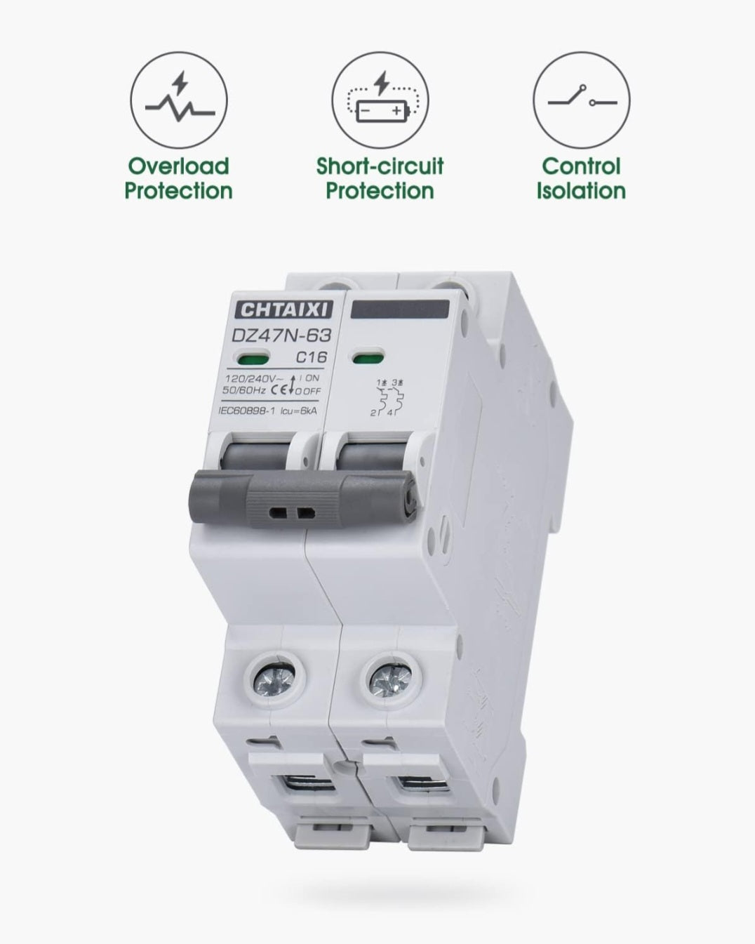 AC Miniature Circuit Breaker, 16 Amp 120V/240V 2 Pole DIN Rail Mount Circuit Breaker, Thermal Magnetic Trip, Solar AC Disconnect Switch MCB C16