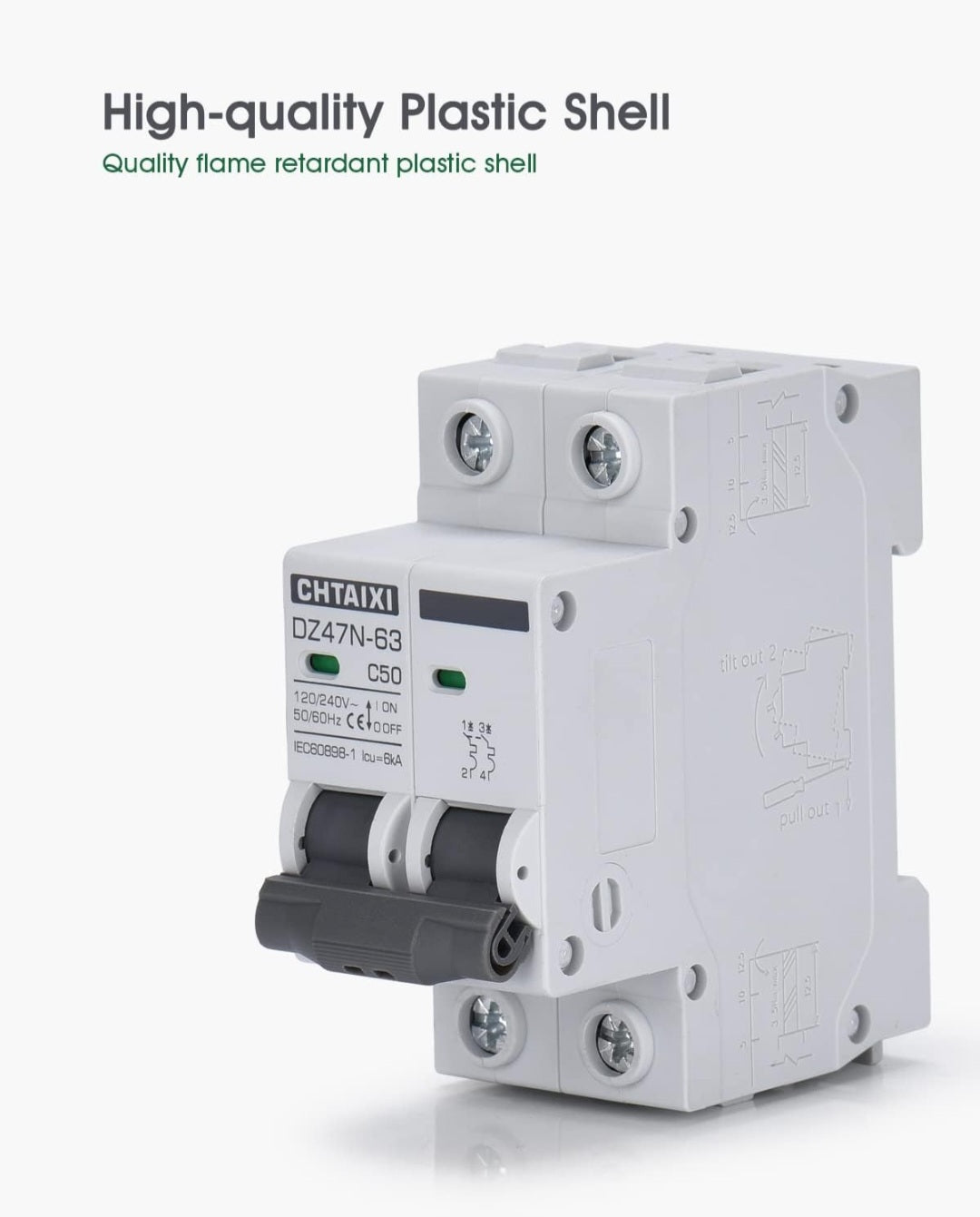 AC Miniature Circuit Breaker, 16 Amp 120V/240V 2 Pole DIN Rail Mount Circuit Breaker, Thermal Magnetic Trip, Solar AC Disconnect Switch MCB C16