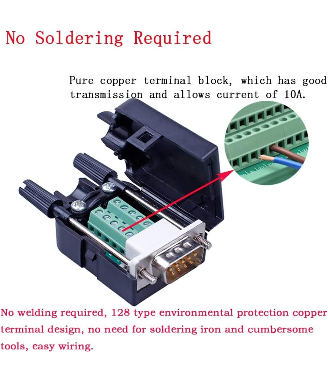 DB9 Male Breakout Connector,DB9 Solderless RS232 D-SUB Serial to 9-pin Port Terminal Adapter Connector Breakout Board with Case Long Bolts Tail Pipe