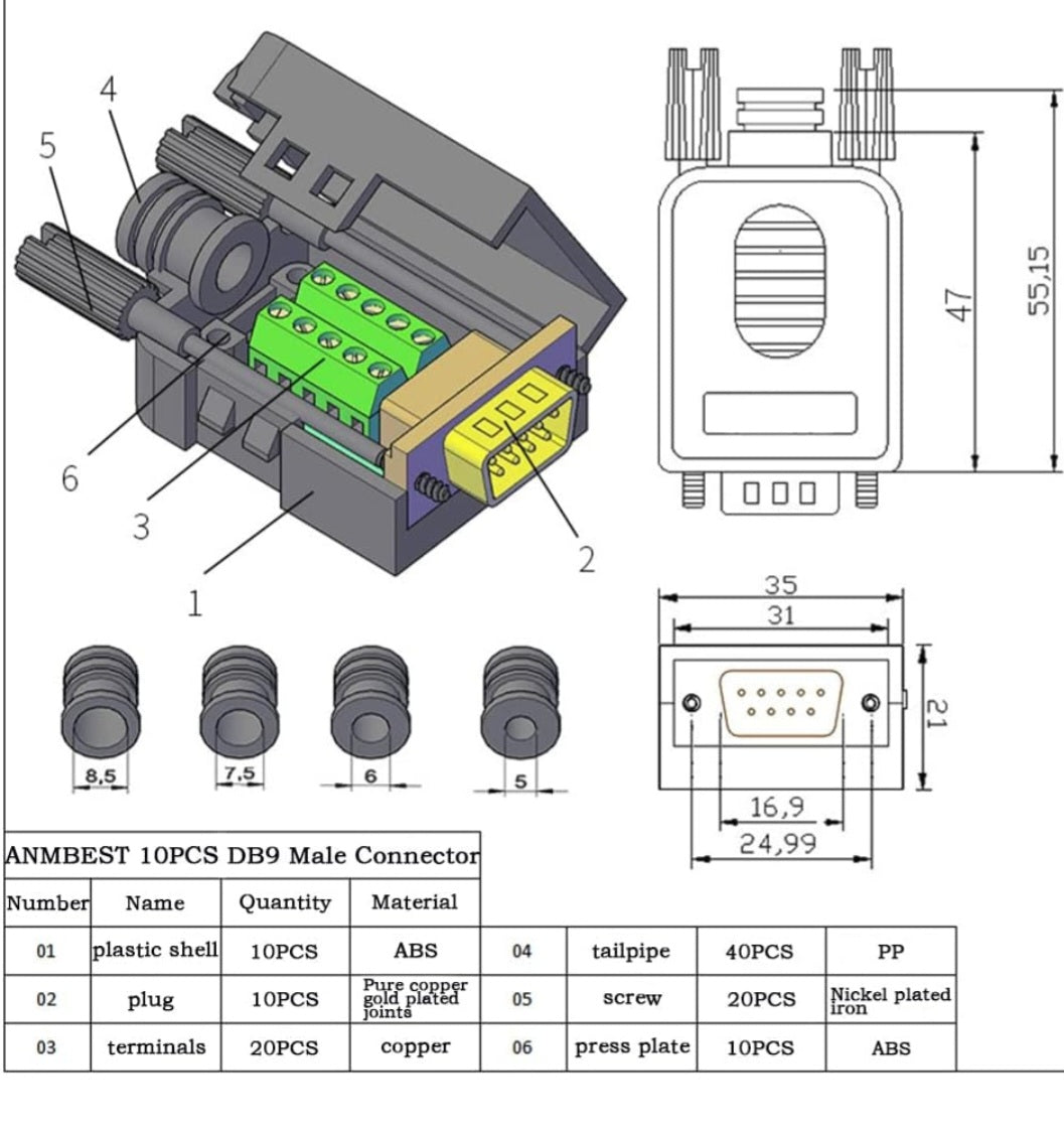 DB9 Male Breakout Connector,DB9 Solderless RS232 D-SUB Serial to 9-pin Port Terminal Adapter Connector Breakout Board with Case Long Bolts Tail Pipe