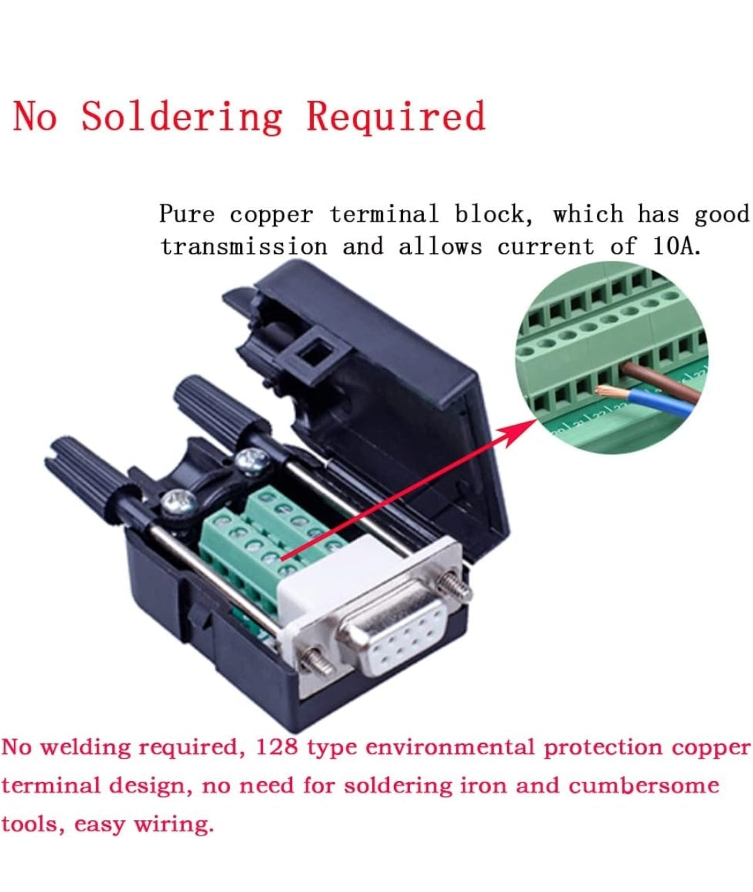 DB9 Female Breakout Connector,DB9 Solderless RS232 D-SUB Serial to 9-pin Port Terminal Adapter Connector Breakout Board with Case Long Bolts Tail Pipe