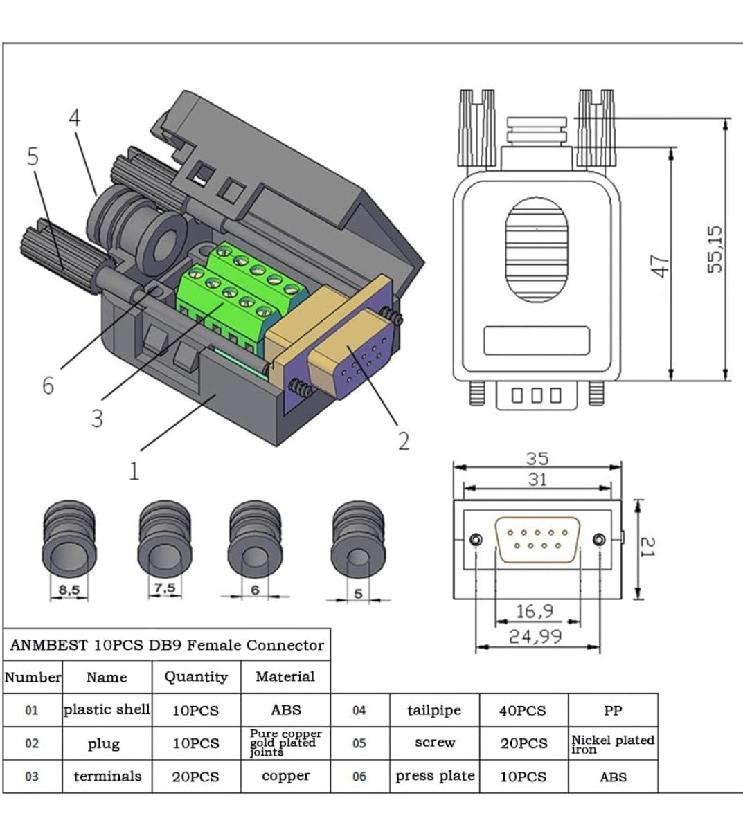 DB9 Female Breakout Connector,DB9 Solderless RS232 D-SUB Serial to 9-pin Port Terminal Adapter Connector Breakout Board with Case Long Bolts Tail Pipe