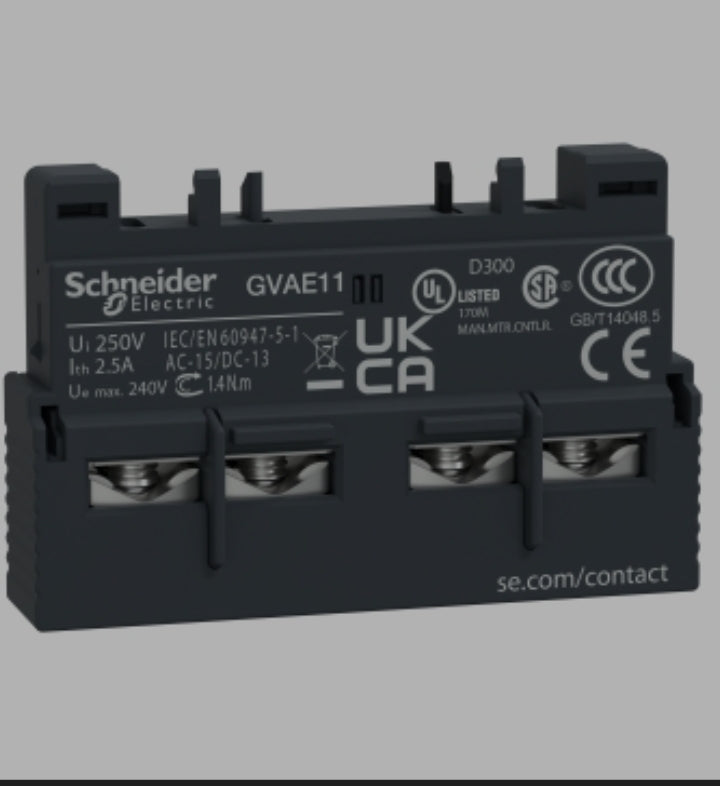 GVAE11, TeSys Deca Manual Starter and Protector, auxiliary contact block, 1 NO and 1 NC, top mount, screw clamp