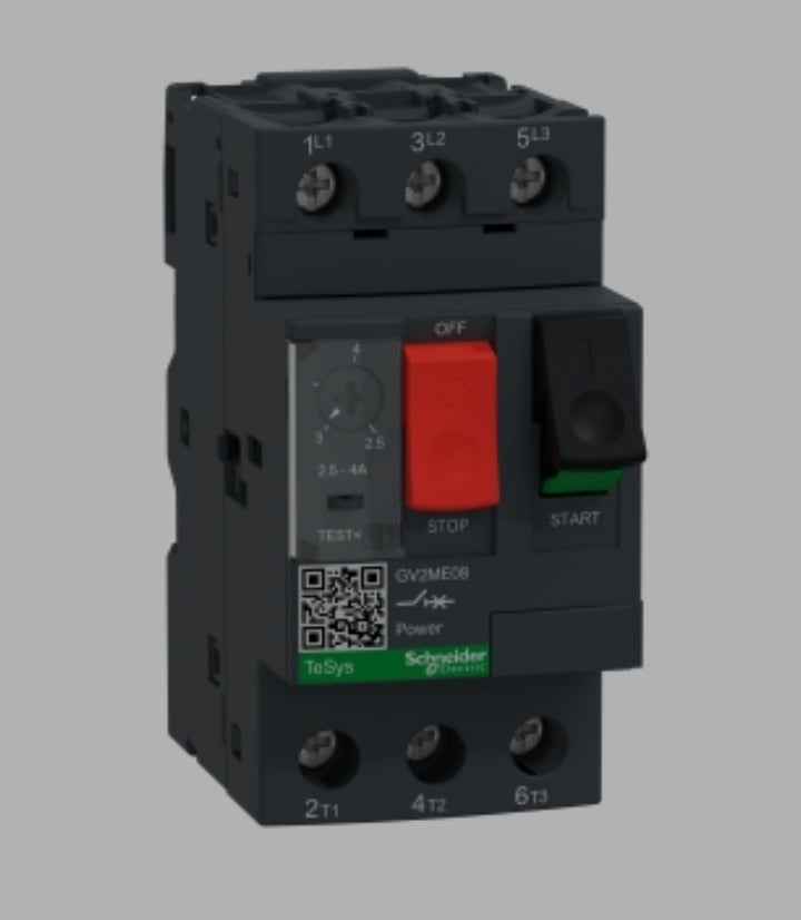 GV2ME08
TeSys Deca Manual Starter and Protector, thermal magnetic circuit protector, push buttons, 2.5 to 4 A, screw clamp