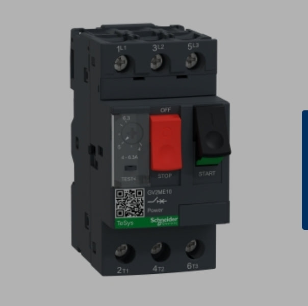 GV2ME10 TeSys Deca Manual Starter and Protector, thermal magnetic circuit protector, push buttons, 4 to 6.3 A, screw clamp
