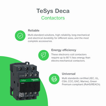 LC1D32BD IEC contactor, TeSys Deca, nonreversing, 32A, 20HP at 480VAC, up to 100kA SCCR, 3 phase, 3 NO, 24VDC coil, open style