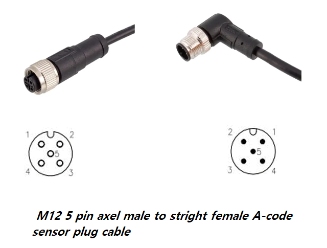 Cable M12 A-code 5 pin angle female to straight male connector