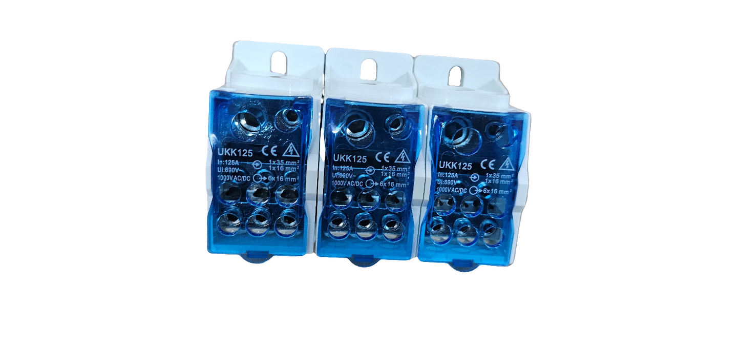 3P-125A-UKKa / 3 Pole DIN Rail or Direct mount Distribution Power/ 1000V AC/DC 125A/ Screw Terminal Block