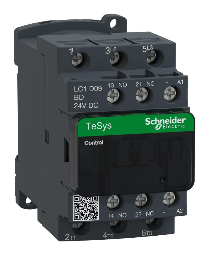 LC1D09BD TeSys D IEC contactor, 9 A, 3 P, 5 HP at 480 VAC, nonreversing, 24 VDC coil