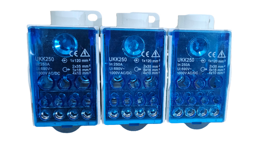 3P-250A-UKKa 3 Pole  DIN Rail or Direct mount Distribution Power/ 1000V AC/DC 250A/ Screw Terminal Block