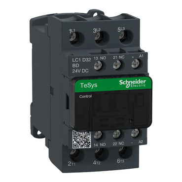 LC1D32BD  IEC contactor, TeSys Deca, nonreversing, 32A, 20HP at 480VAC, up to 100kA SCCR, 3 phase, 3 NO, 24VDC coil, open style