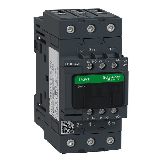 LC1D65ABD Schneider Electric LC1D65ABD Picture  TeSys Deca-Contactors-Technical Benefits TeSys Deca-Contactors-, TeSys Deca, nonreversing, 65A, 40HP at 480VAC, up to 100kA SCCR, 3 phase, 3 NO, 24VDC coil