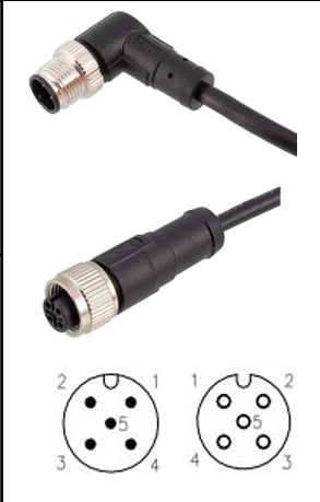 Cable M12 A-code 5 pin  angle male  to straight female connector